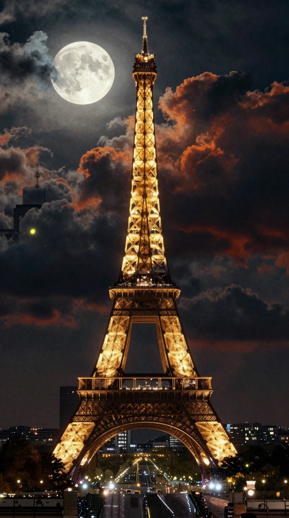 Paesaggio notturno surreale di Parigi sotto una luna piena splendente