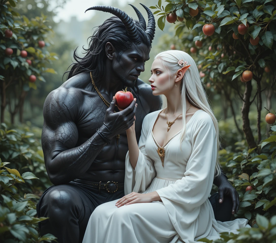 Demone oscuro che offre una mela rossa a un'elfa eterea