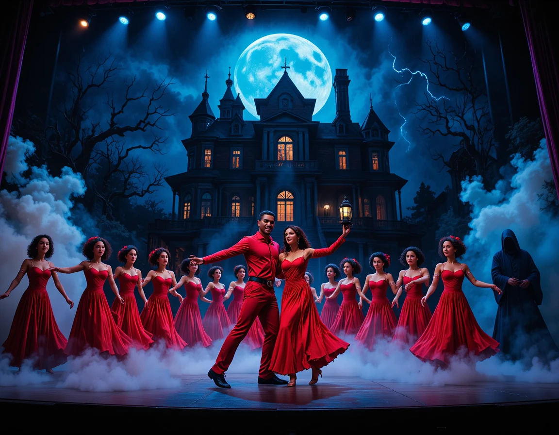 Red clad dancers on spooky Halloween theater stage