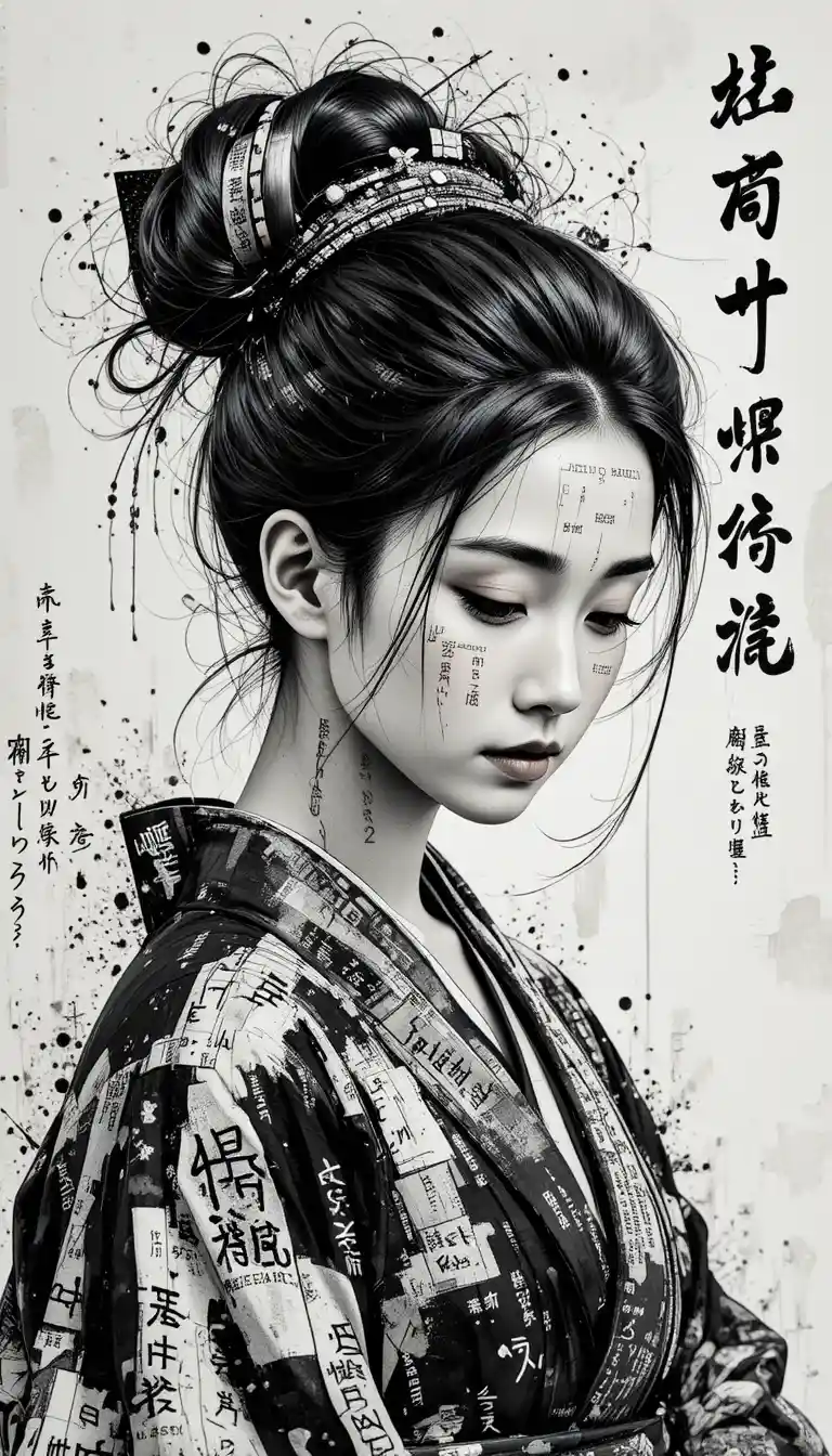 Contemplative Asian woman in kimono with layered calligraphy