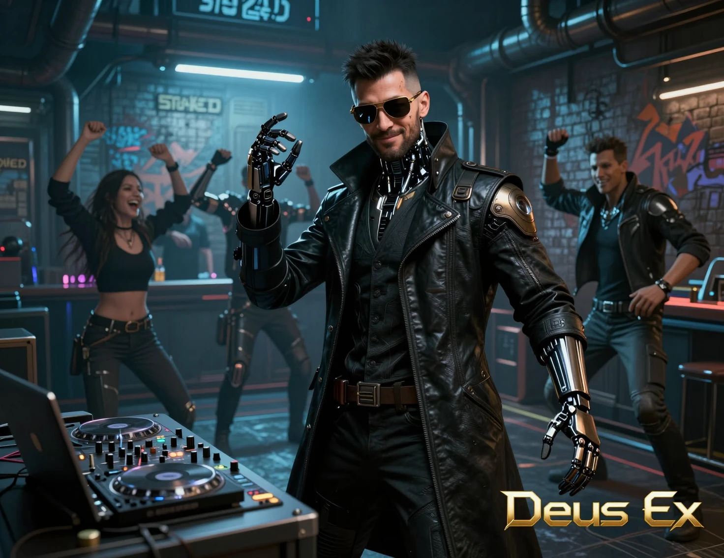 Detective cyborg che balla in un club sotterraneo al neon