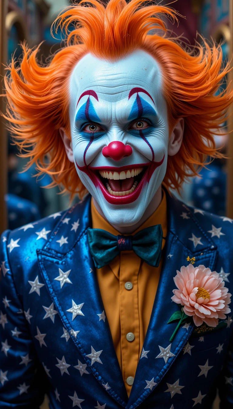 Clown minaccioso che sogghigna in una stanza degli specchi del luna park