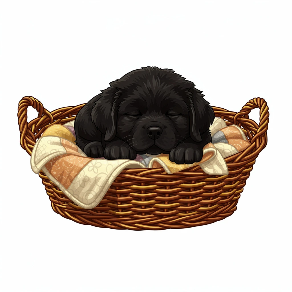 Filhote fofo de cão Terra-Nova dormindo em uma cama de cesta de vime