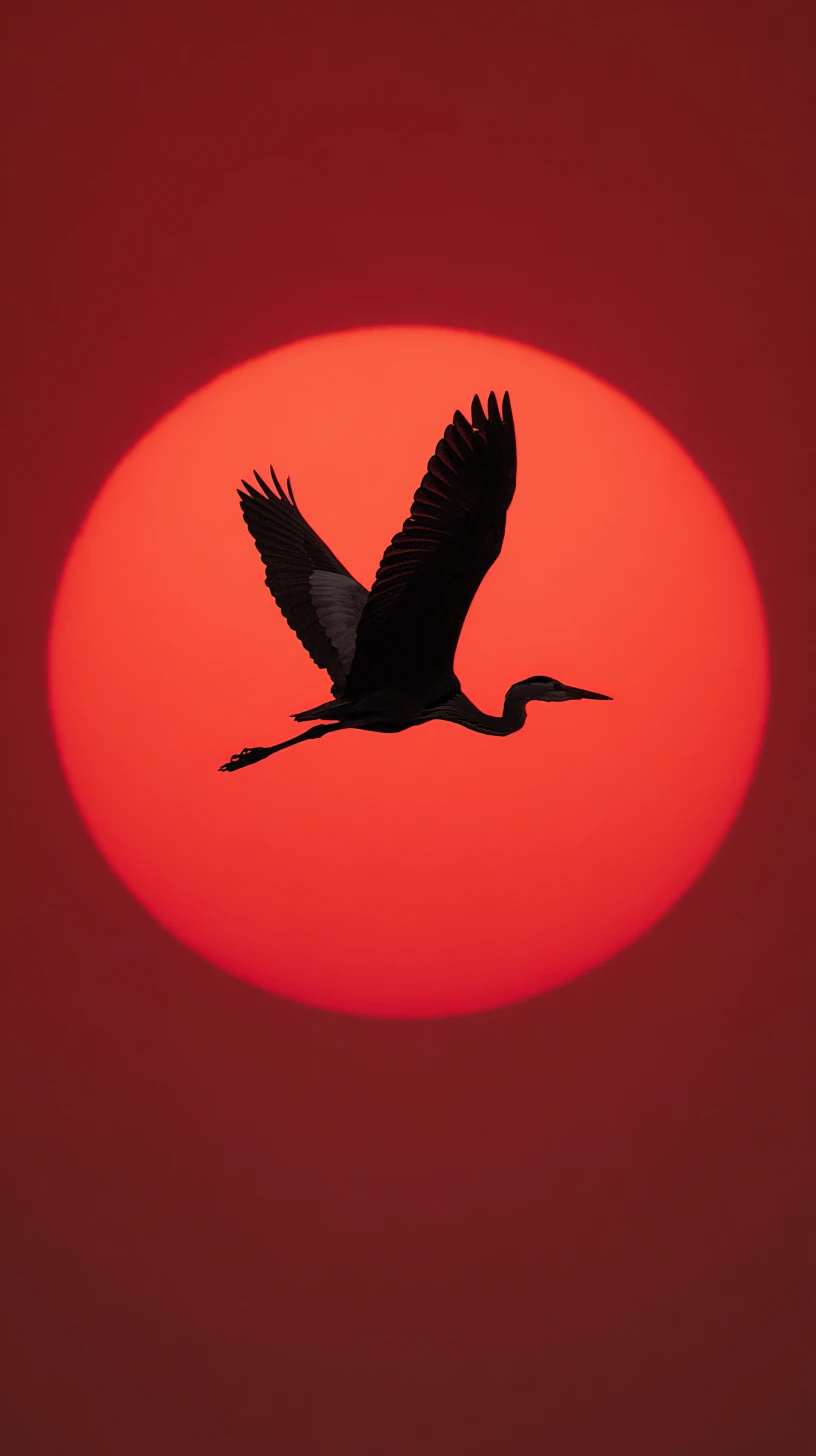 Silhouette d’un héron volant devant un grand soleil cramoisi