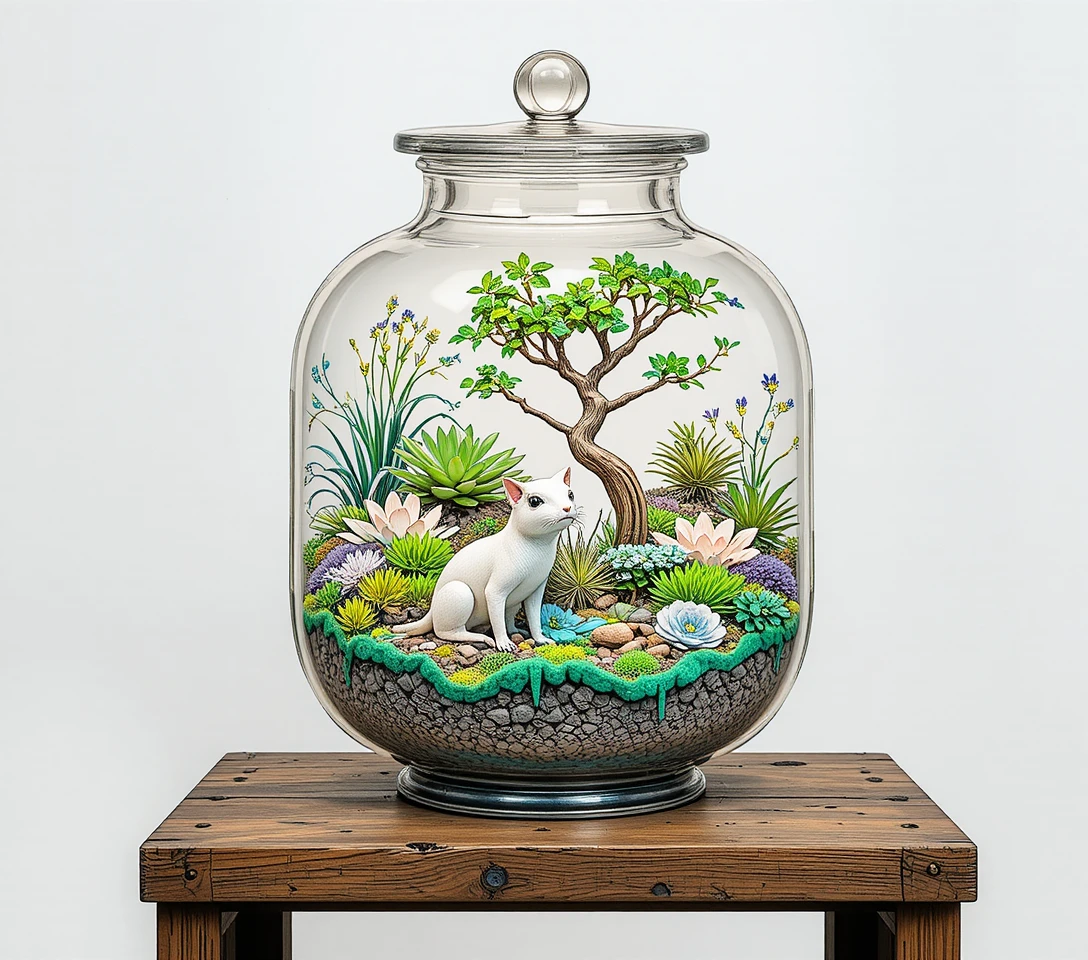 Miniature terrarium garden inside a clear glass bottle