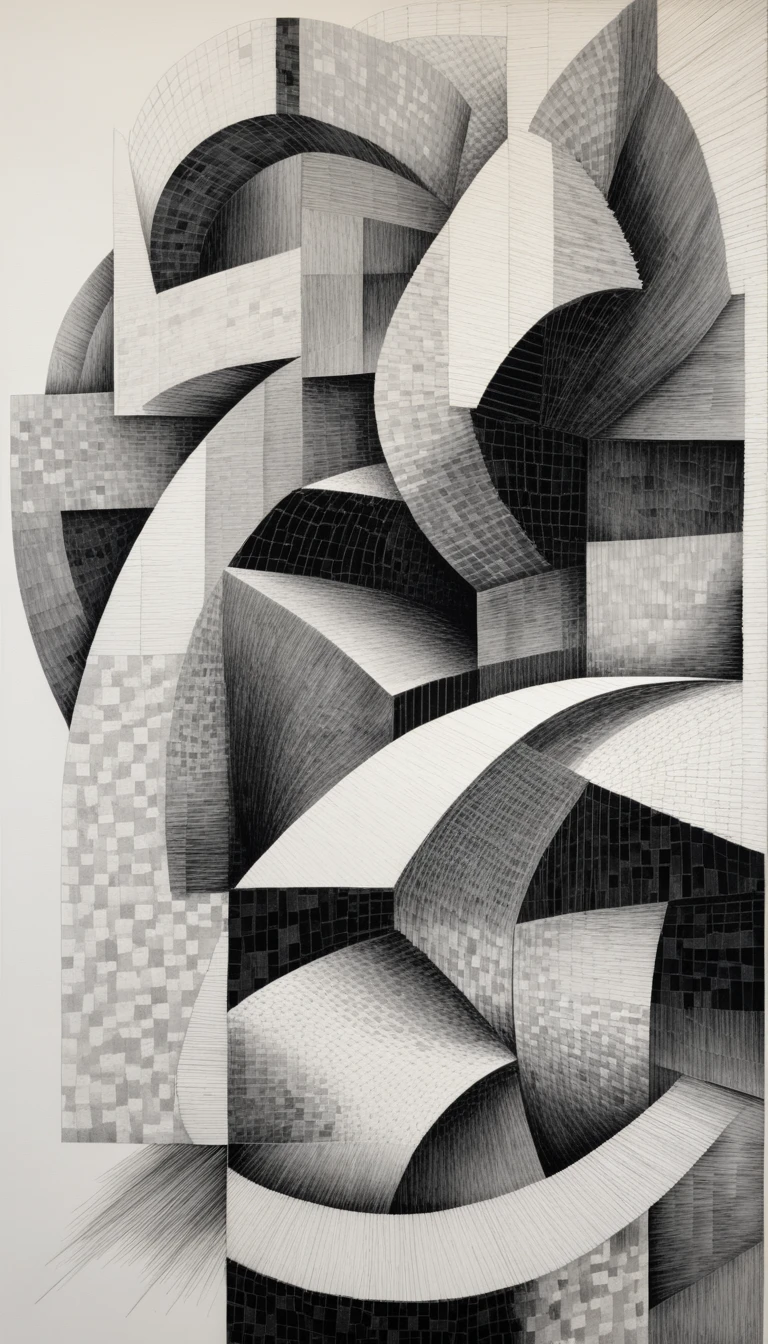 Dessin architectural abstrait à l’encre avec formes courbes imbriquées