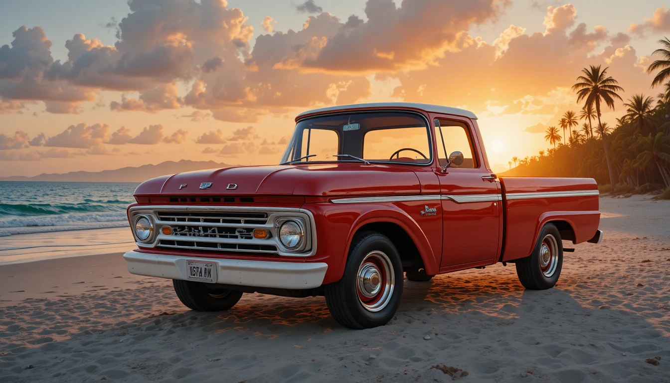 Camioneta pickup vintage roja y blanca en la playa al atardecer
