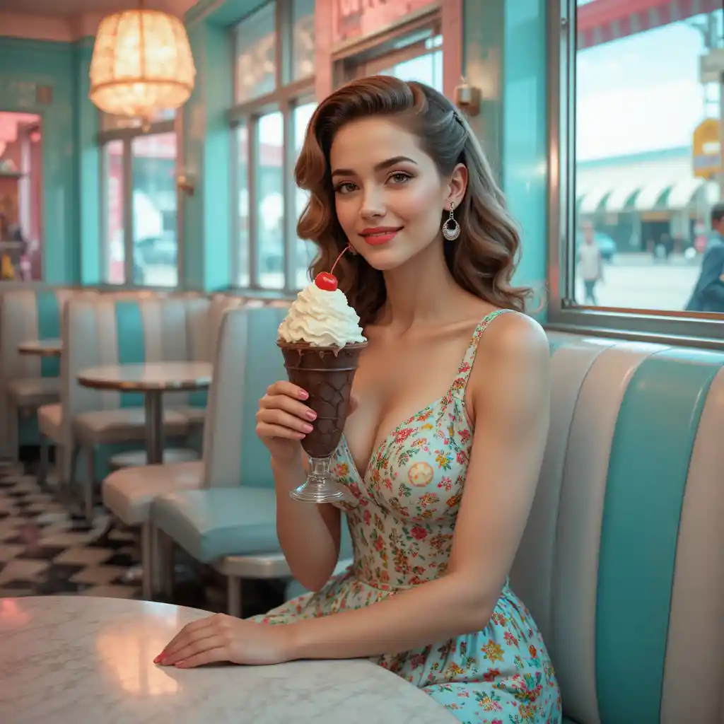 Frau im 60er-Jahre-Kleid genießt einen Eisbecher im Retro-Diner