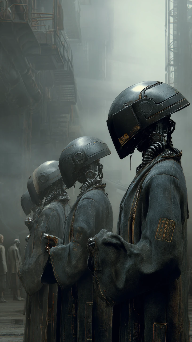Group of enslaved figures in a dark industrial steel complex