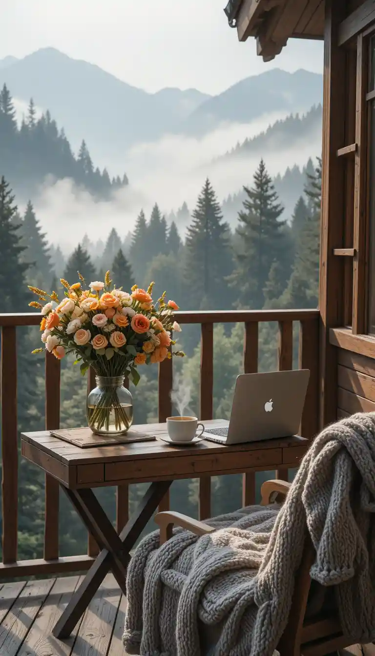 Gemütlicher Balkon-Arbeitsplatz mit Blick auf nebelverhangene Waldberge