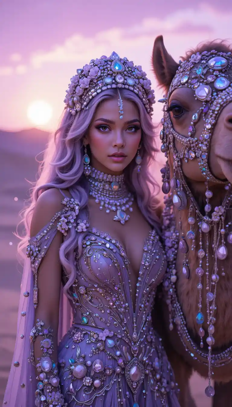Femme glamour parée de bijoux à côté d’un chameau décoré au coucher du soleil