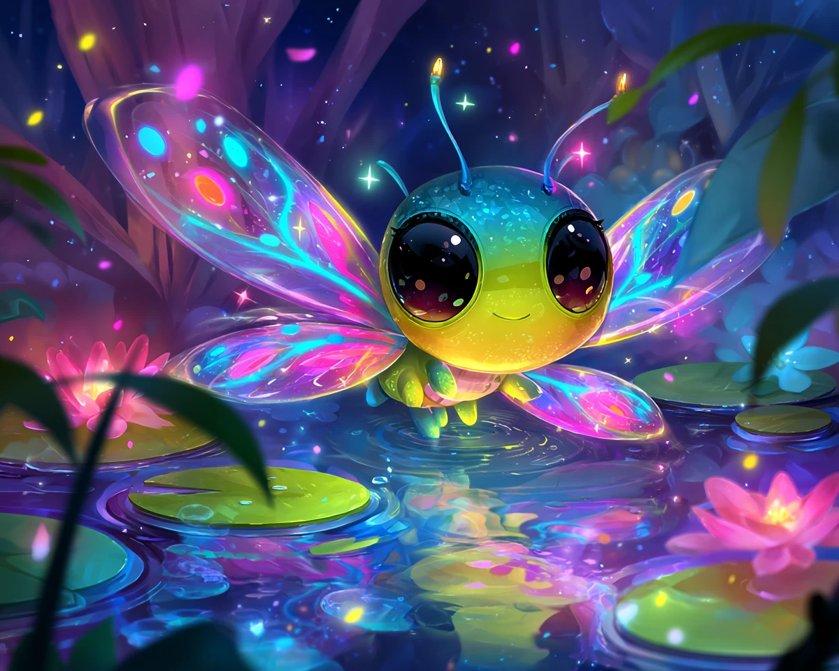魔法のファンタジーな木の中の、かわいいネオンホタルのクローズアップ