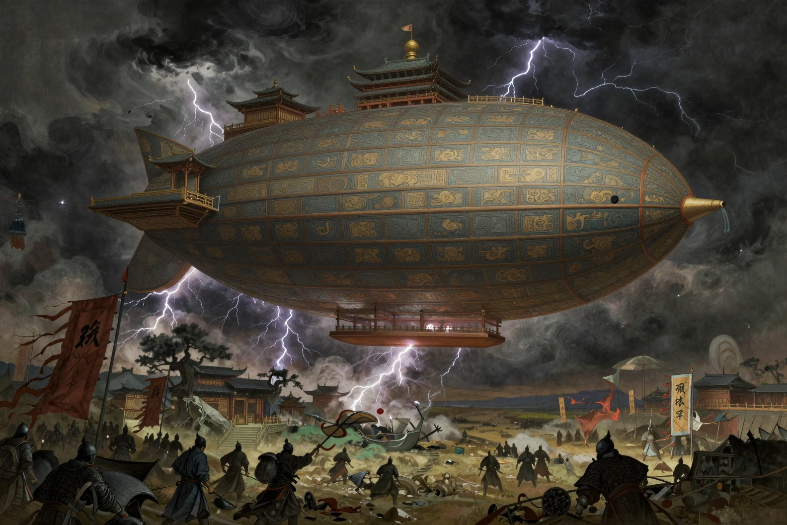 Colossal aeronave fantástica sobre campo de batalha antigo varrido por tempestade