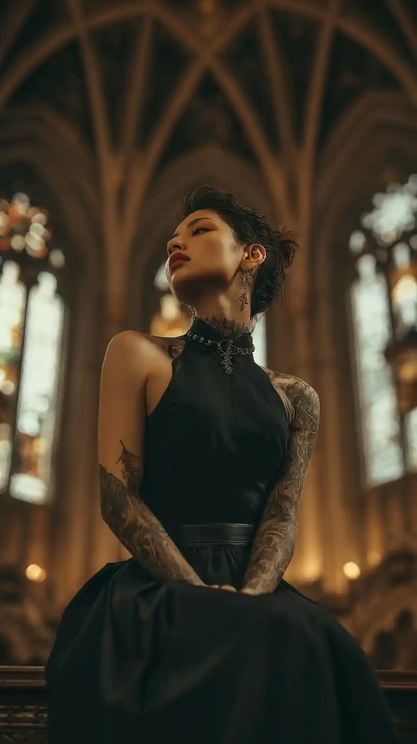 Donna muscolosa in abito nero seduta da sola in chiesa