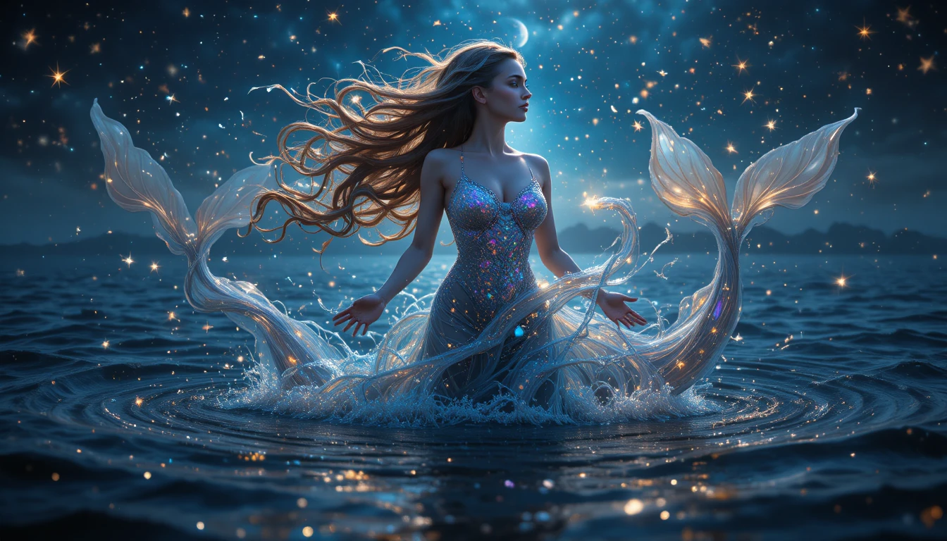 Celestial Pisces woman rising from a twilight enchanted ocean