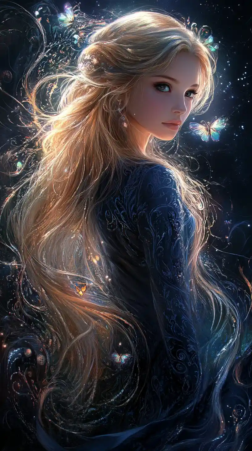 Blond girl in blue dress under a glowing cosmic sky