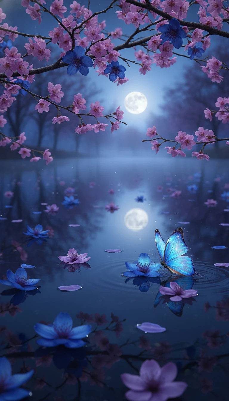 Fiori al chiaro di luna e farfalla luminosa sopra acqua ferma e riflettente