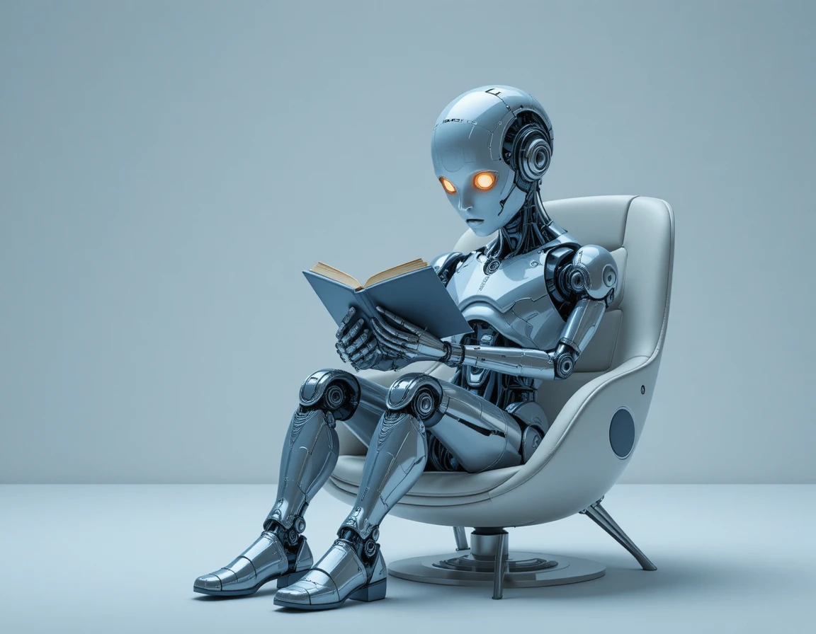 Robô humanóide lendo um livro em uma cadeira futurista