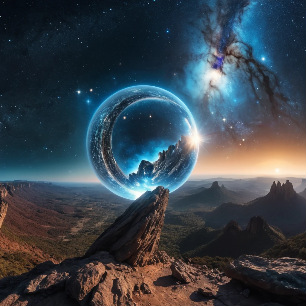 Ciel bleu fissuré révélant un univers cosmique derrière la réalité