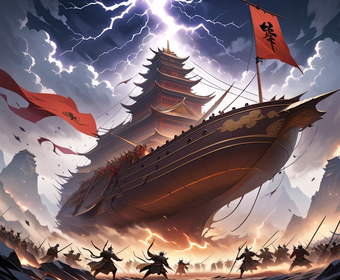 Colossal dirigível chinês enfrentando uma tempestade sobre o campo de batalha