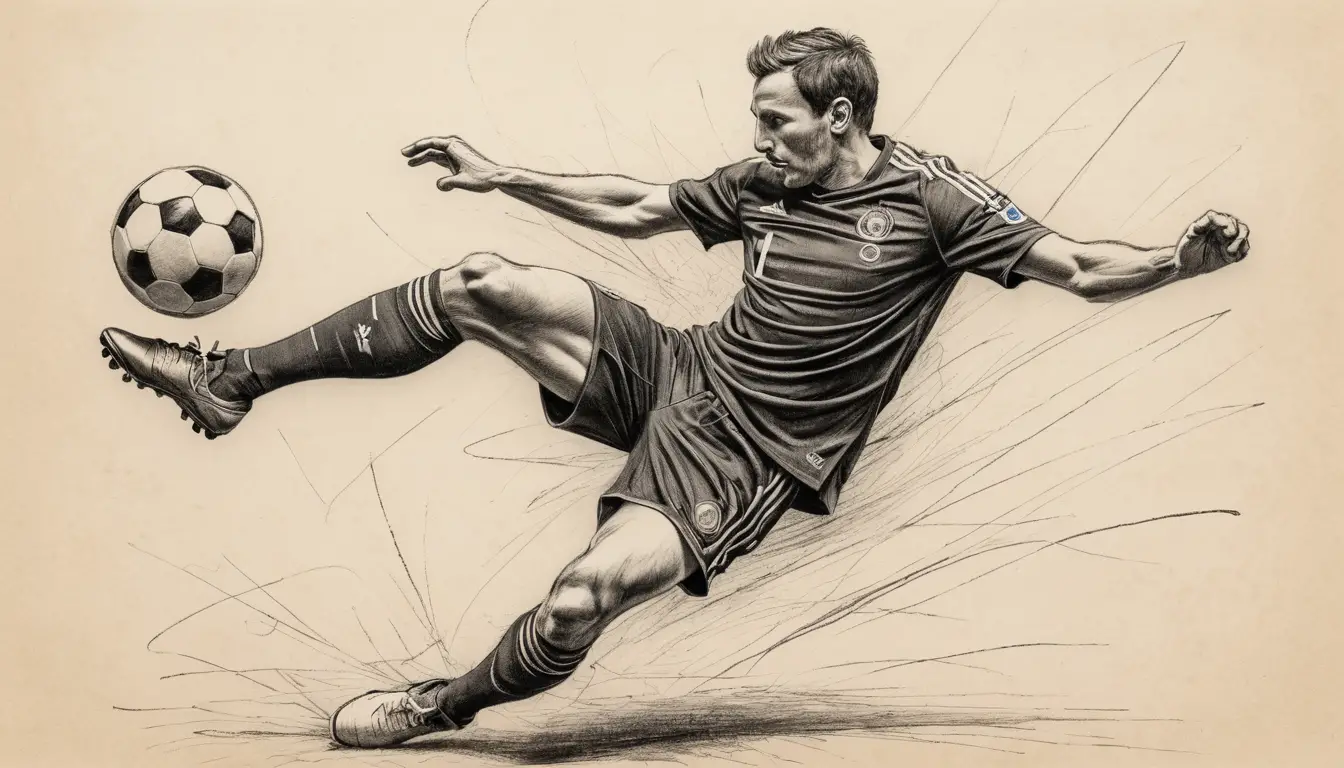Expressive pencil sketch of a soccer player scoring a goal