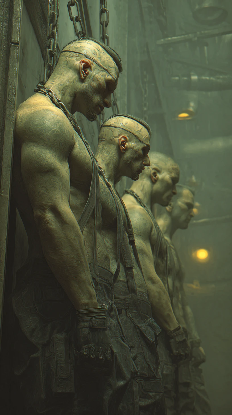 Close up of chained slaves inside an industrial steel prison