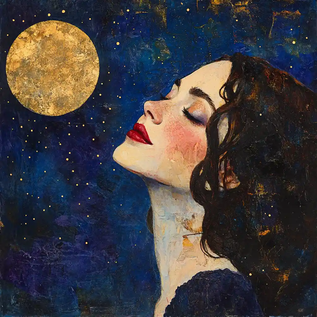 Woman with violet eyes smiling at a moonlit sky