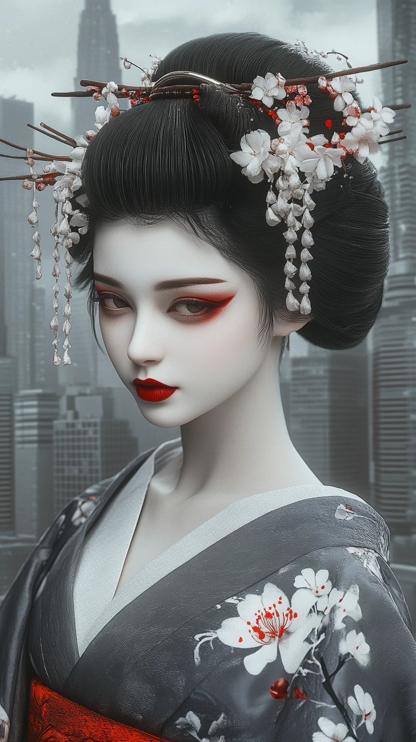 Geisha-Porträt vor stimmungsvoller graustufiger Stadtsilhouette