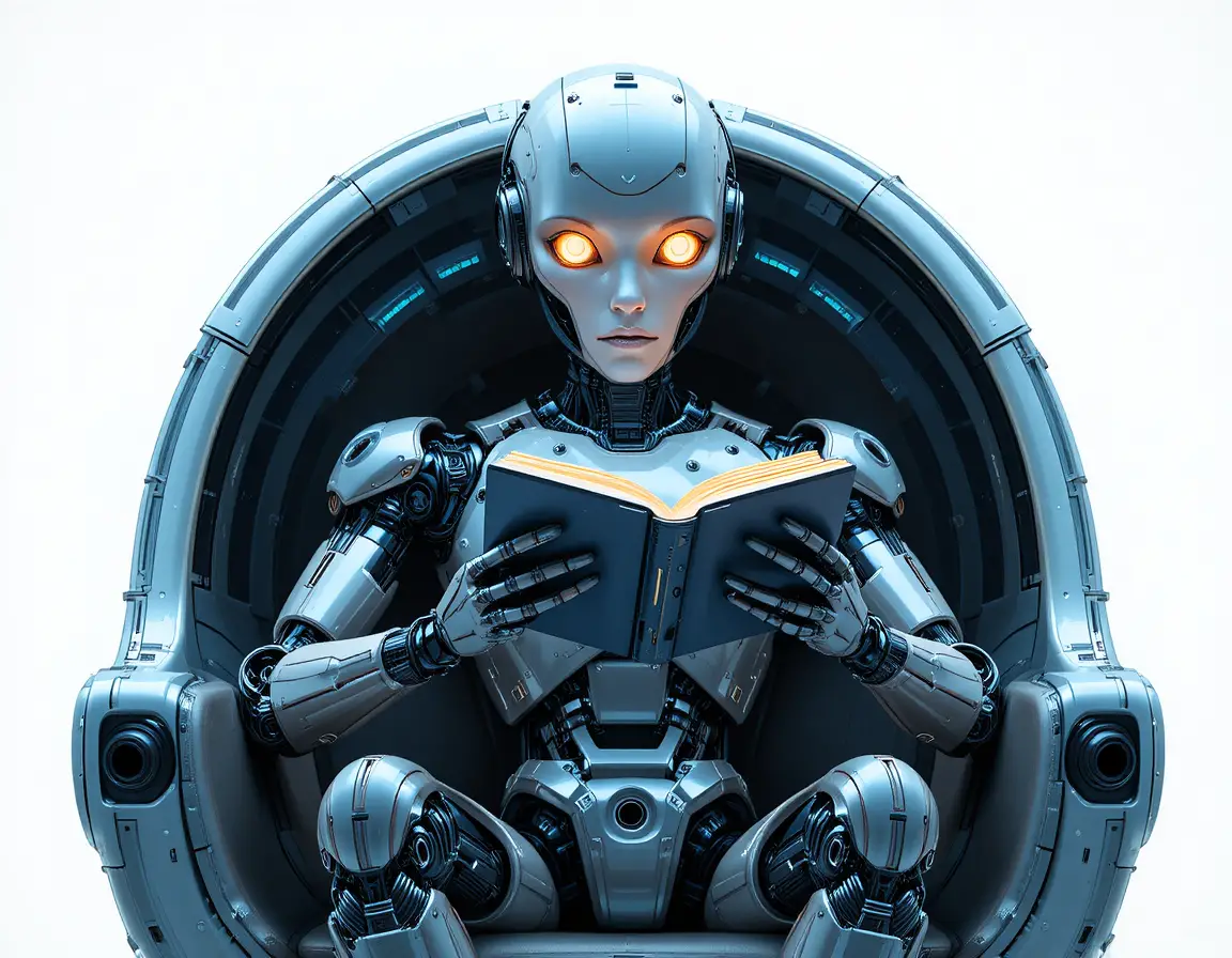 Humanoid robot reading a book in a minimalist futuristic chair