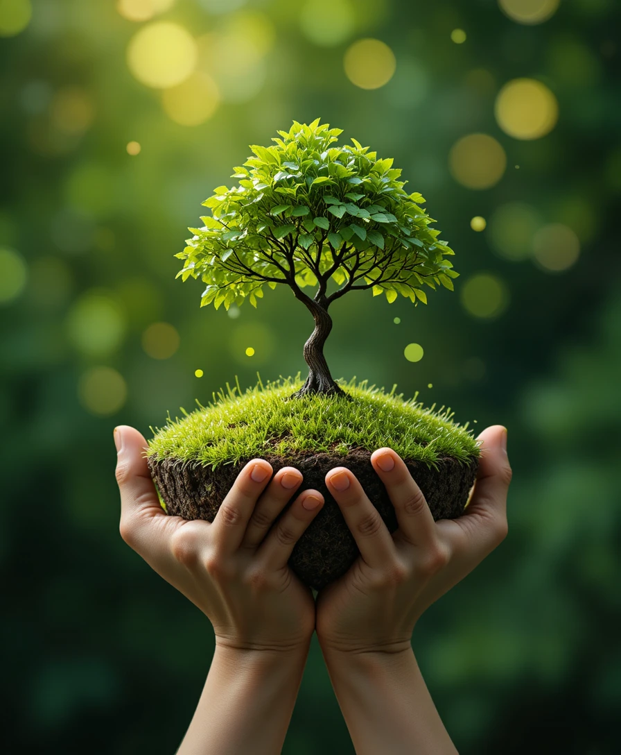 Hands holding a tiny green island with a young tree