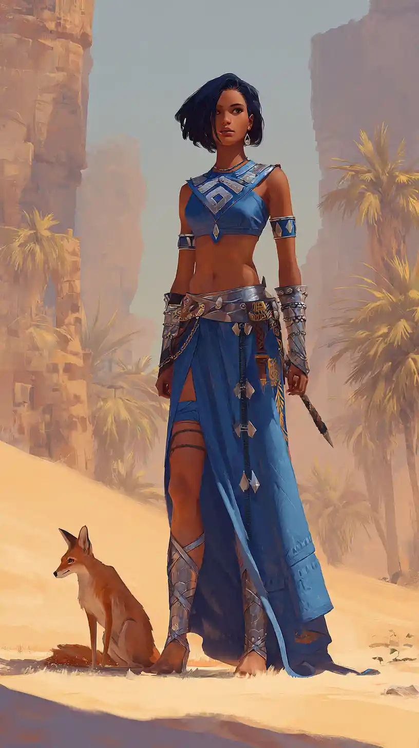 Confident warrior woman in a sunlit desert oasis