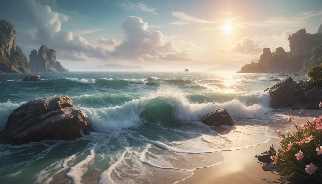 Long exposure seascape with silky waves and sunlit shore
