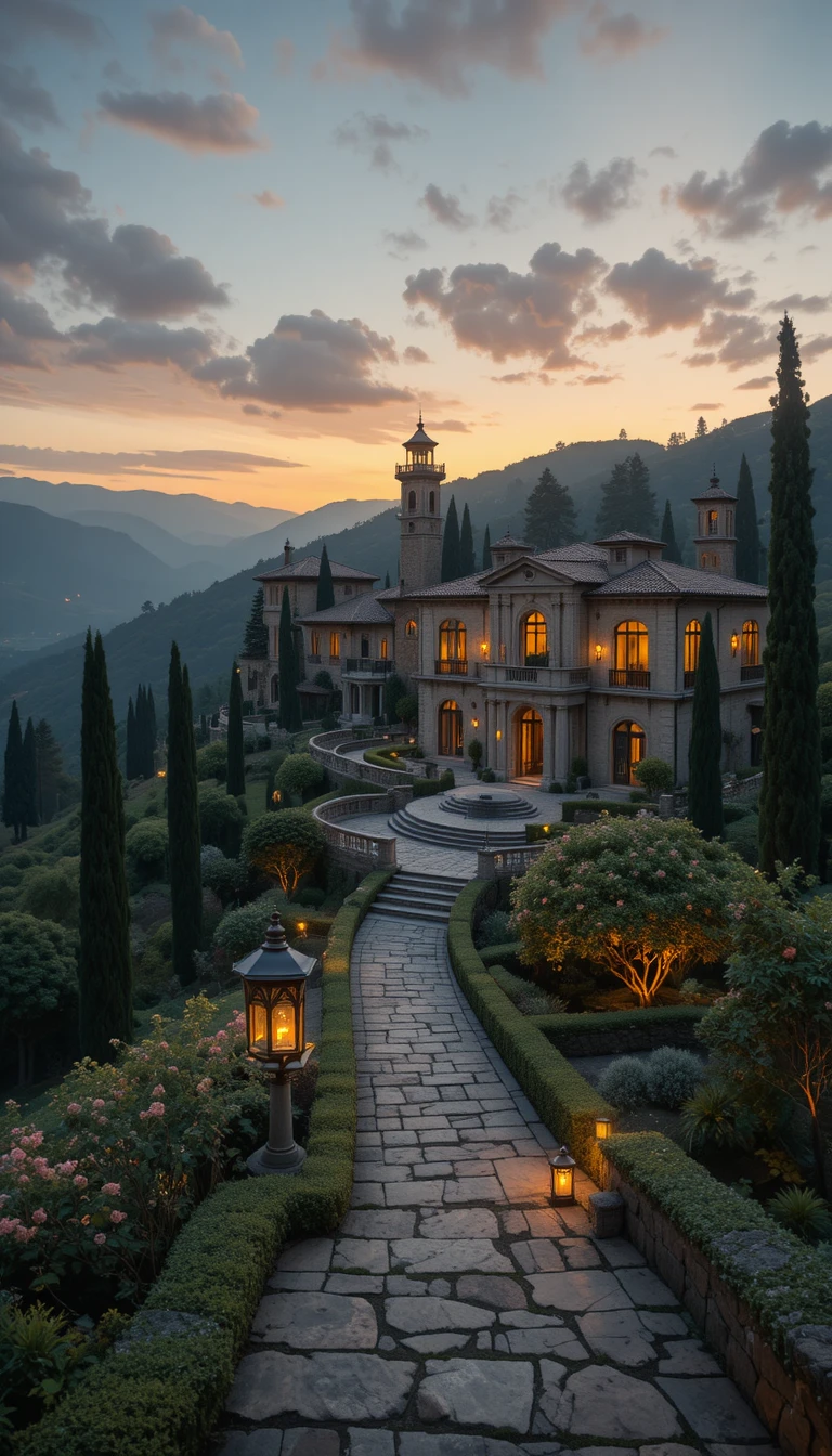 Luxury mediterranean villas on sunlit rolling hills at sunset