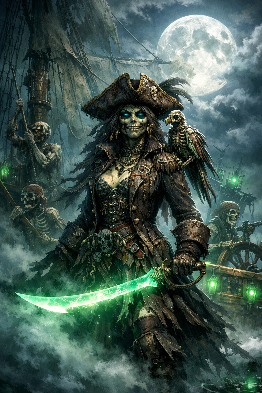 Capitaine pirate mort-vivante sur un navire fantôme au clair de lune