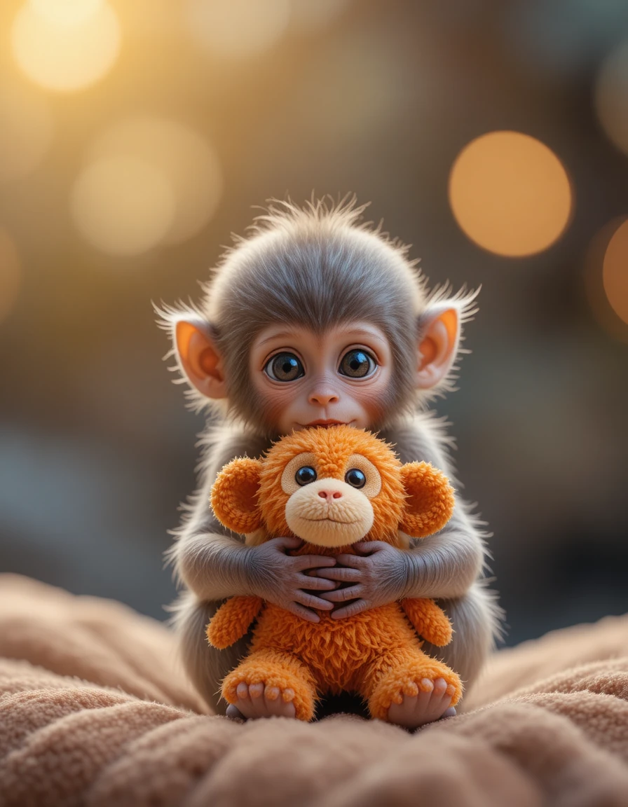 Macaquinho bebê abraçando um brinquedo de pelúcia laranja macio