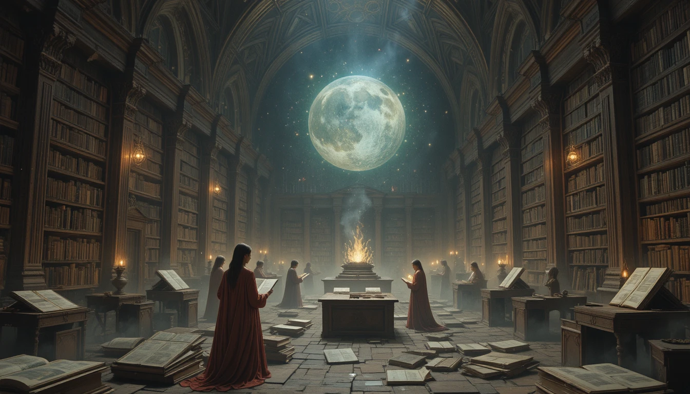 Ancient library with celestial maps and ethereal robed figures