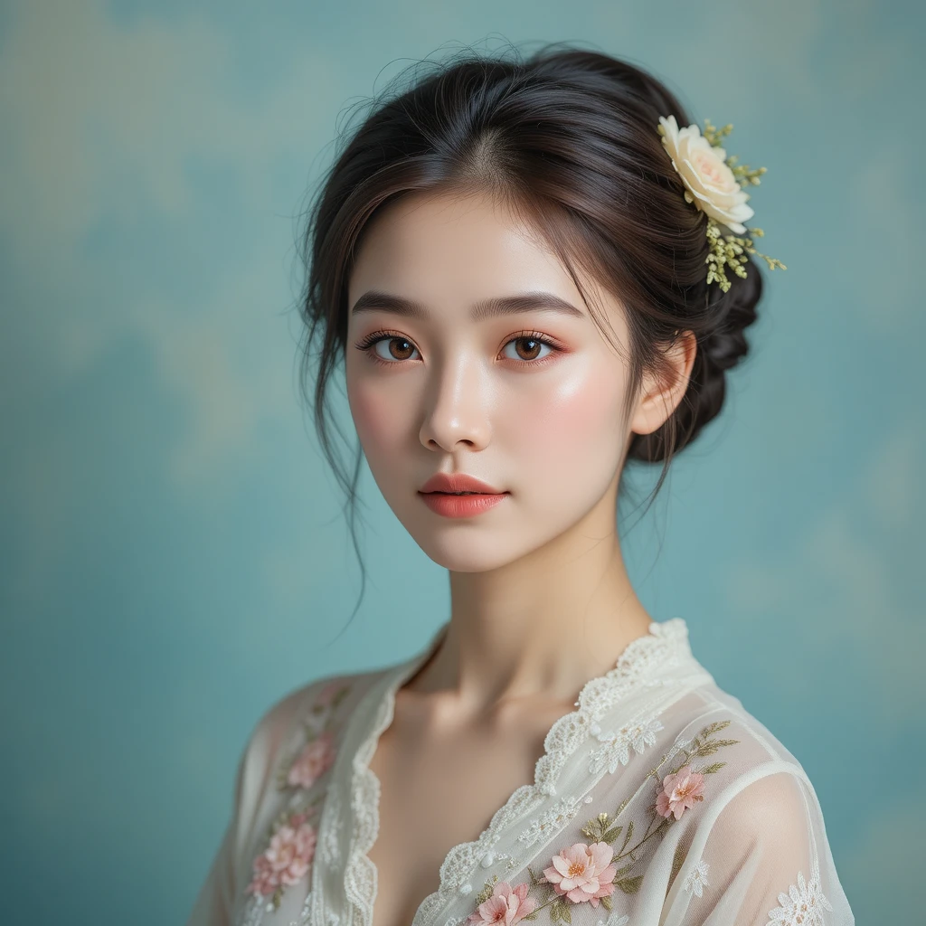 年輕東亞女孩花卉蕾絲人像