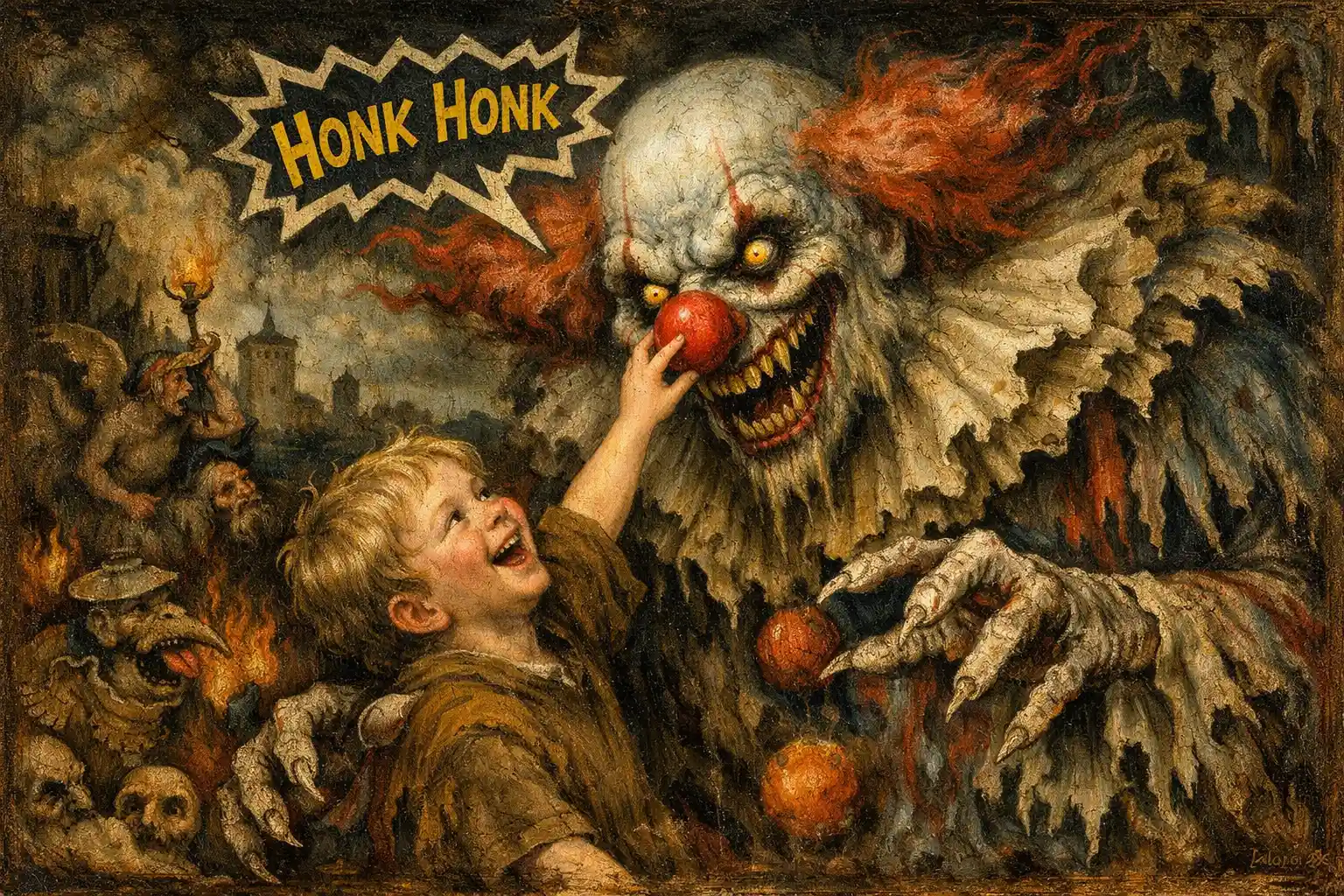Enfant pressant le nez d’un clown fantomatique menaçant
