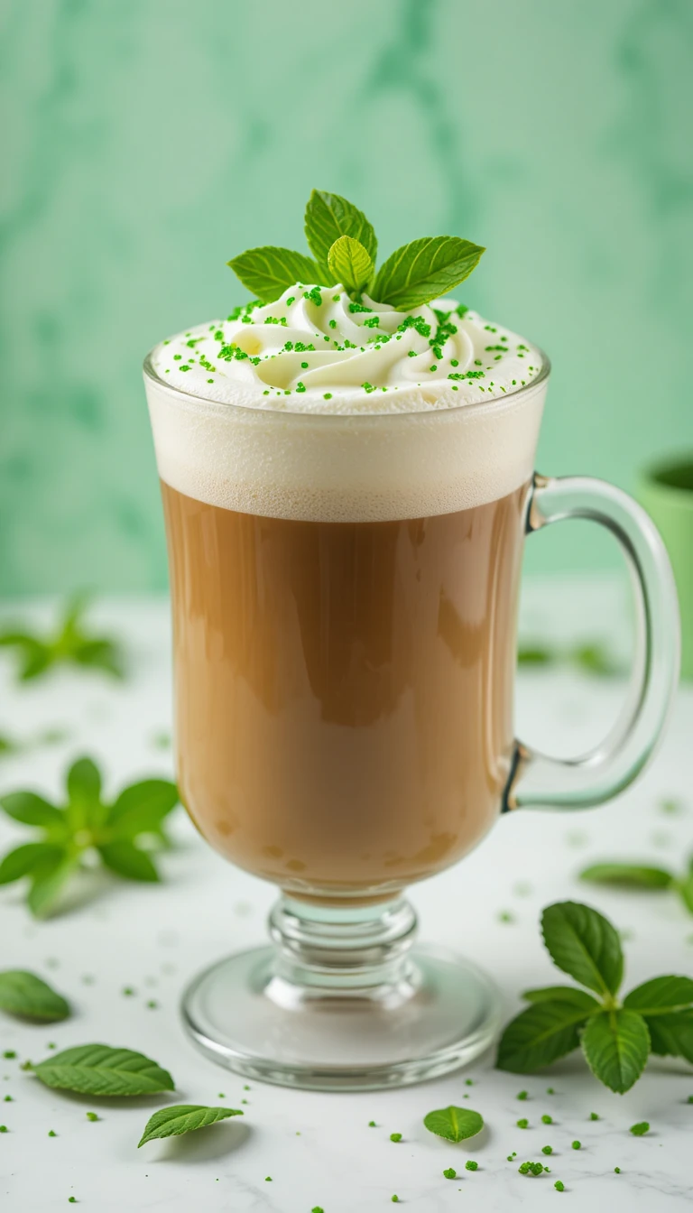 Nahaufnahme eines Irish-Coffee-Glases mit Minz-Sahnehaube