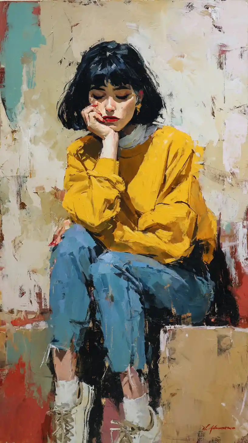 Melancholic Woman In Yellow Sweatshirt Against Abstract Wall