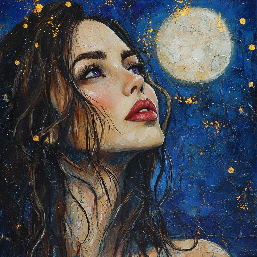 Dreamy woman with violet eyes gazing at glowing moon