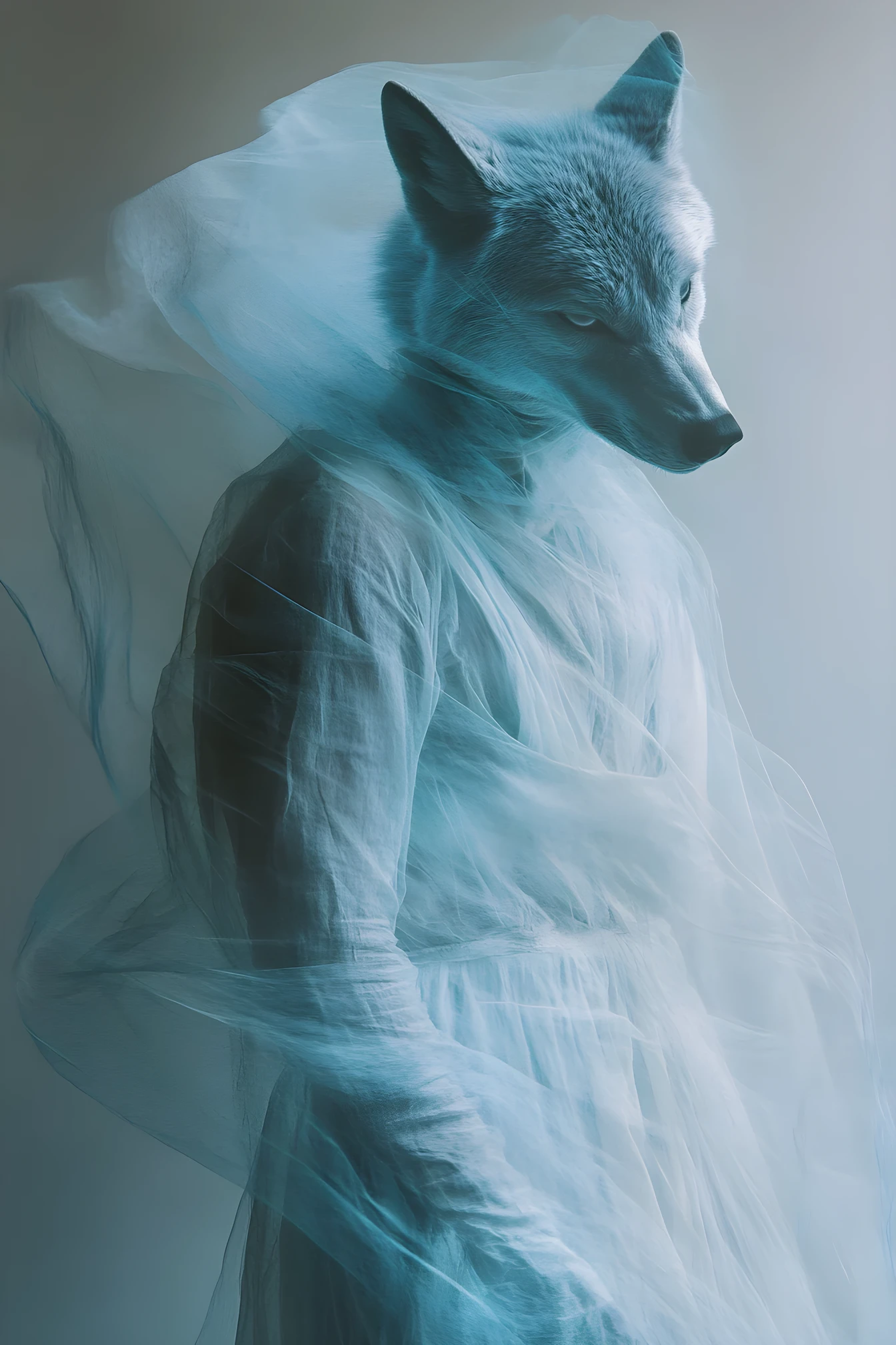 Running wolf headed man in flowing linen across blue waves