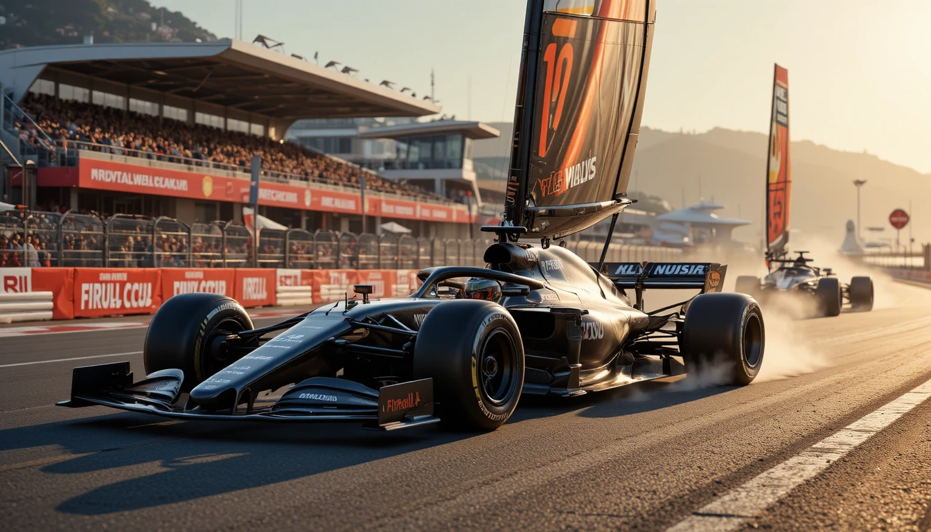 Monoposto futuristico di Formula 1 con vela alare che corre al tramonto