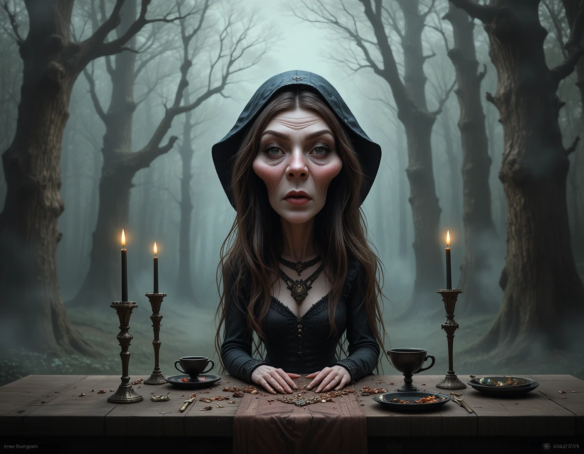 Gothic woman in a dark forest with candles and skull