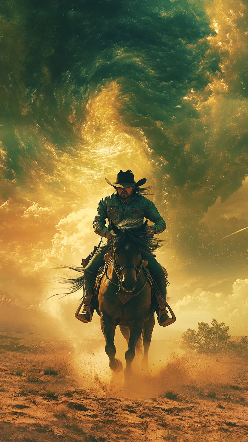 Cowboy cavalgando por um vasto panorama de deserto