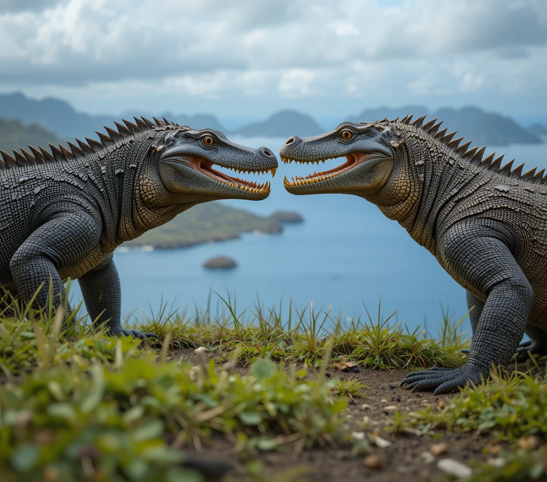 Dragões-de-komodo em combate em uma colina costeira gramada