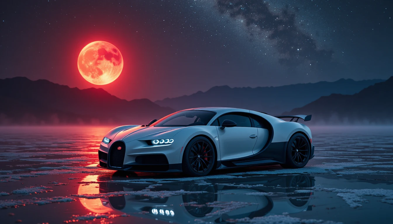 White sports car on flooded salt flat under eclipse night sky