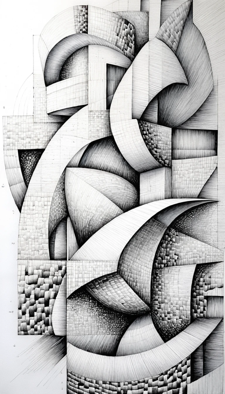 Intrincado dibujo abstracto arquitectónico en tinta en blanco y negro