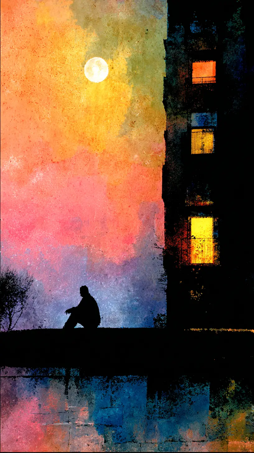 Surreal city waterfront with lonely man under pearl moon