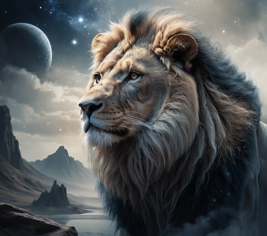 Abstract lion painting with blue and silver highlights